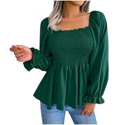 Long Sleeve Blouses for Women UK Elegant Square Neck Peplum Top Bell Sleeve Tunic Tops Ruffle Casual Elastic Waisted Dress Blouse Solid Loose Fit Smart Casual Tee Shirts Office Green M