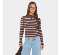 Long Sleeve Button Detail Fitted Top In Brown Stripe Rib Knit, Women's Size UK Small S