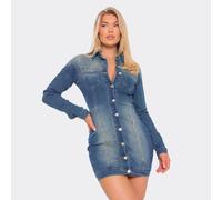 Long Sleeve Button Down Collared Detail Mini Dress In Washed Blue Denim, Women's Size UK 8