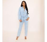 Long Sleeve Button Down Collared Detail Straight Leg Jumpsuit In Light Blue Denim, Women's Size UK Small S