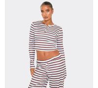 Long Sleeve Button Up Detail Top In Cream Stripe, Women's Size UK 6
