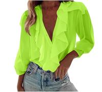 Long Sleeve Chiffon Blouses for Women UK Ruffle V Neck Button Down Shirts Elegant Party Dressy Tops Solid Casual Office Tunic Shirts Puff Sleeve Holiday Vacation01 Yellow M