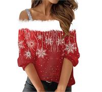 Long Sleeve Christmas Tops for Women Blouse Womens Sexy Shirt Off Shoulder Plush Neck Christmas Holiday Tops Long Sleeve Going Out Nightout Fashion Blouse Tunics for Daily (Watermelon Red, L)