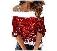 Long Sleeve Christmas Tops for Women Blouse Womens Sexy Shirt Off Shoulder Plush Neck Christmas Holiday Tops Long Sleeve Going Out Nightout Fashion Blouse Tunics for Daily Life Xmas Gifts (Red, M)