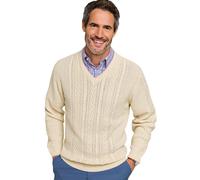 Tootal Men's Long Sleeve Chunky Cable Knit V Neck Jumper, Soft Cotton Blend Fawn XL
