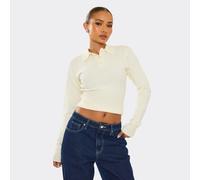 Long Sleeve Collared Button Down Cinched Waist Top In Cream Knit, Women's Size UK Small S