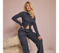 Long Sleeve Collared Button Up Fitted Top In Navy Blue Rib, Women's Size UK 12