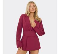 Long Sleeve Collared Cinched Waist Detail Blazer Playsuit In Burgundy, Women's Size UK 6