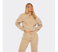 Long Sleeve Collared Oversized Cropped Jacket In Washed Stone Denim, Women's Size UK 14