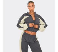 Long Sleeve Contrast Panel Toggle Hem Zip Up Jacket In Navy Shell, Women's Size UK 14