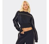 Long Sleeve Contrast Piping Detail Cropped Sweatshirt In Dark Navy Blue, Women's Size UK 14