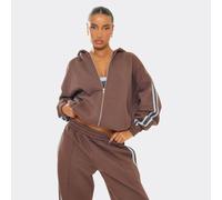 Long Sleeve Contrast Side Stripe Zip Up Oversized Hoodie In Brown, Women's Size UK 8