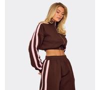 Long Sleeve Contrast Stripe Essential Graphic Zip Up Jacket In Brown, Women's Size UK 8