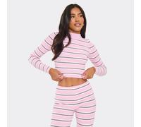 Long Sleeve Crew Neck Fitted Top In Pink And Grey Stripe Rib Knit, Women's Size UK Large L