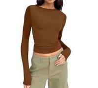 Long Sleeve Crop Tops for Women Plain Color Casual Slim Fit Top Basic Crew Neck Blouse Tee Tops Tight T-Shirt Coffee