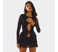 Long Sleeve Cut Out Front Layered Frill Hem Detail Mini Dress In Black Lace, Women's Size UK M