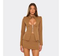 Long Sleeve Cut Out Plunge Zip Front Blazer In Camel Brown, Women's Size UK 8