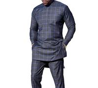 Long Sleeve Dashiki Suit for Men African Traditional Shirt and Pants with Pockets 2 Piece Outfit Set (Color : Blue, Size : XL)