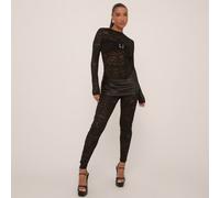 Long Sleeve Diamante Buckle Bust Satin Draped Front Jumpsuit In Black Sequin Lace, Women's Size UK 6