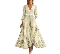 Long Sleeve Dresses for Women UK Bohemian Chiffon Beach Elegant Maxidress V Neck Puff Sleeve Empire Waist Dress Plus Size Floral Elegant Wedding Guest Maxidress (Yellow, L)
