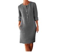 Long Sleeve Dresses for Women UK Sale Clearance Plus Size Linen Dress Half Button Up Midi Dress with Pocket Loose Casual Office Dress Crewneck Shift Dress Holiday Vacation Summer Beach Sundress M-5XL
