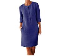 Long Sleeve Dresses for Women UK Sale Clearance Plus Size Linen Dress Half Button Up Midi Dress with Pocket Loose Casual Office Dress Crewneck Shift Dress Holiday Vacation Summer Beach Sundress M-5XL