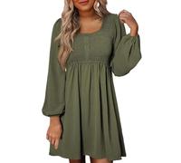 Long Sleeve Dresses for Women UK, Solid Crewneck Button Up Dress Empire Waist A-Line Mini Dress Loose Plain Dress Stretch Comfortable Tops with Trumpet Sleeves Skater Swing Dress