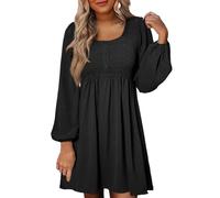 Long Sleeve Dresses for Women UK, Solid Crewneck Button Up Dress Empire Waist A-Line Mini Dress Loose Plain Dress Stretch Comfortable Tops with Trumpet Sleeves Skater Swing Dress Black