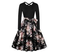 Long Sleeve Dresses for Women UK Vintage Print Skater Swing Dress 50's 60's Party Dance Gown Evening Dress Round Neck Patchwork A Line Prom Party Dresses Dinner Cocktail Dress Retro Rockabilly Dress