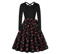 Long Sleeve Dresses for Women UK Vintage Print Skater Swing Dress 50's 60's Party Dance Gown Evening Dress Round Neck Patchwork A Line Prom Party Dresses Dinner Cocktail Dress Retro Rockabilly Dress