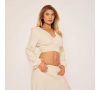 Long Sleeve Elasticated Hem Detail Crop Top In Stone, Women's Size UK 8