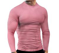 Long Sleeve Fitness Tops Mens Mock Neck Compression Shirts Stretchy Running Cycling Gym Workout Tight Sweat Wicking Base Layer Undershirt Fashion Sports Gear Pink