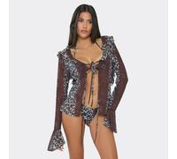 Long Sleeve Frilly Tie Detail Top In Multi Leopard Print, Women's Size UK 8