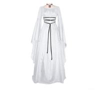 Long Sleeve Gothic Medieval Dress for Women with Square Collar and Embroidered Floral Details for Costume Parties (XL White)
