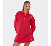 Long Sleeve Graphic Detail Zip Up Front Collared Sweatshirt In Red, Women's Size UK 8
