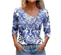 Long Sleeve Graphic T-Shirt for Women UK Stylish Asymmetric V Neck Pullover Tops Casual All Over Printed Tee Shirts Ladies Pattern Tshirt Vintage Ethnic Style Print Shirt Blue