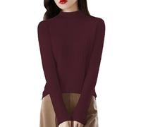 Long Sleeve Half High Neck Jumpers for Women Ribbed Lightweight Slim Fit Pullover Knitted Shirts Ladies Casual Dressy Solid Color Simple Base Sweater for Spring Autumn (Wine, XL)