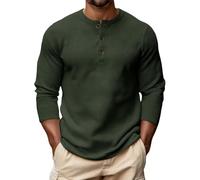 Long Sleeve Henley T Shirt Men Travel Long Sleeve Soft Blouse Man Spring Pop Waffle Kni Cozy Henley Solid Button Shirts Man Dark Green 3XL