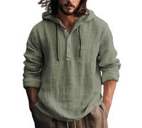 Long Sleeve Hooded T Shirt Mens Drawstring Button Casual Shirts V Neck Hoodies Breathable Work Pullover Tops Solid Color Hoodie Lightweight Vocation Tops Comfortable Holiday Shirts