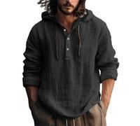 Long Sleeve Hooded T Shirt Mens Drawstring Button Casual Shirts V Neck Hoodies Breathable Work Pullover Tops Solid Color Hoodie Lightweight Vocation Tops Comfortable Holiday Shirts Black