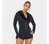 Long Sleeve Hook And Eye Fur Collar Detail Playsuit In Black, Women's Size UK Small S
