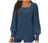 Long Sleeve Jumpers for Women Squared Neck Lantern Sleeve Sweaters Lightweight Knit Plain Pullover Womens Tops Fall Winter Base Under Layer Tops Loose Elegant Jumpers Home Casual Streetwear Navy