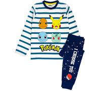 Pokemon Pyjamas For Boys | Kids Pikachu, Charmander, Squirtle & Bulbasaur Striped T Shirt & Trousers Pajamas | Children's Long Sleeve Navy & White Sleepwear Set