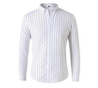 Long Sleeve Mandarin Collar Striped Shirt for Mens Slim Fit 4-Way Stretch | Polyester Business Casual Button Down Vertical Stripe Smart Autumn Layering UK Breathable Wrinkle Resistant Contrast Cuff