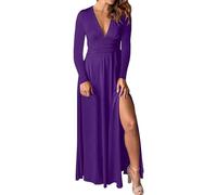 Long Sleeve Maxi Dress Deep V Neck Loose Spring Dresses for Women UK Solid Colour Side Slit Stretch Prom Dress Summer Beach Dress High Waist Plain Swing Dress Party Dress Soft Size S-XXL Purple