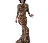 Long Sleeve Maxi Dress for Women - Casual Turtleneck Bodycon Formal Dresses Elegant Mermaid Hem 2025, Brown Cheetah, XL