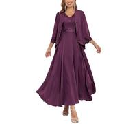 Long Sleeve Mother of The Bride Dresses for Wedding with Jacket 2 Pieces Chiffon Mother of Groom Gown Plum UK24