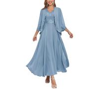 Long Sleeve Mother of The Bride Dresses for Wedding with Jacket 2 Pieces Chiffon Mother of Groom Gown Dusty Blue UK24