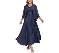 Long Sleeve Mother of The Bride Dresses for Wedding with Jacket 2 Pieces Chiffon Mother of Groom Gown Navy Blue UK24