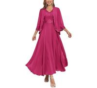Long Sleeve Mother of The Bride Dresses for Wedding with Jacket 2 Pieces Chiffon Mother of Groom Gown Hot Pink UK14